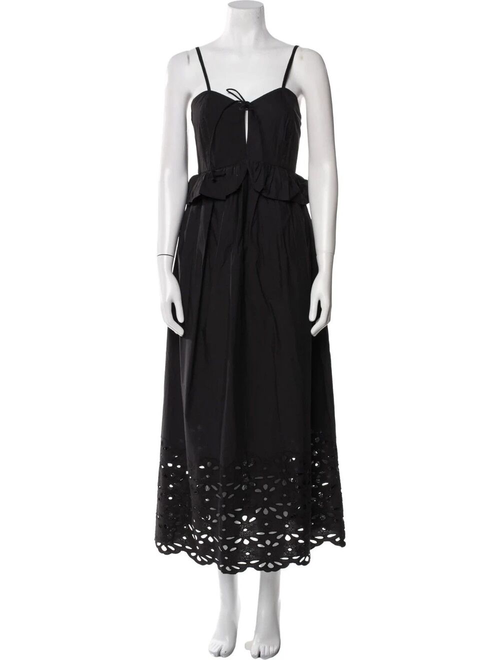 Caroline Constas womens Strappy Cotton Midi Dress size Large Black Scalloped Hem